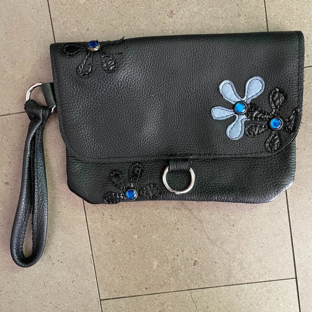 Navy Blue Leather Purse/Clutch with Flower Appliques and  Handle